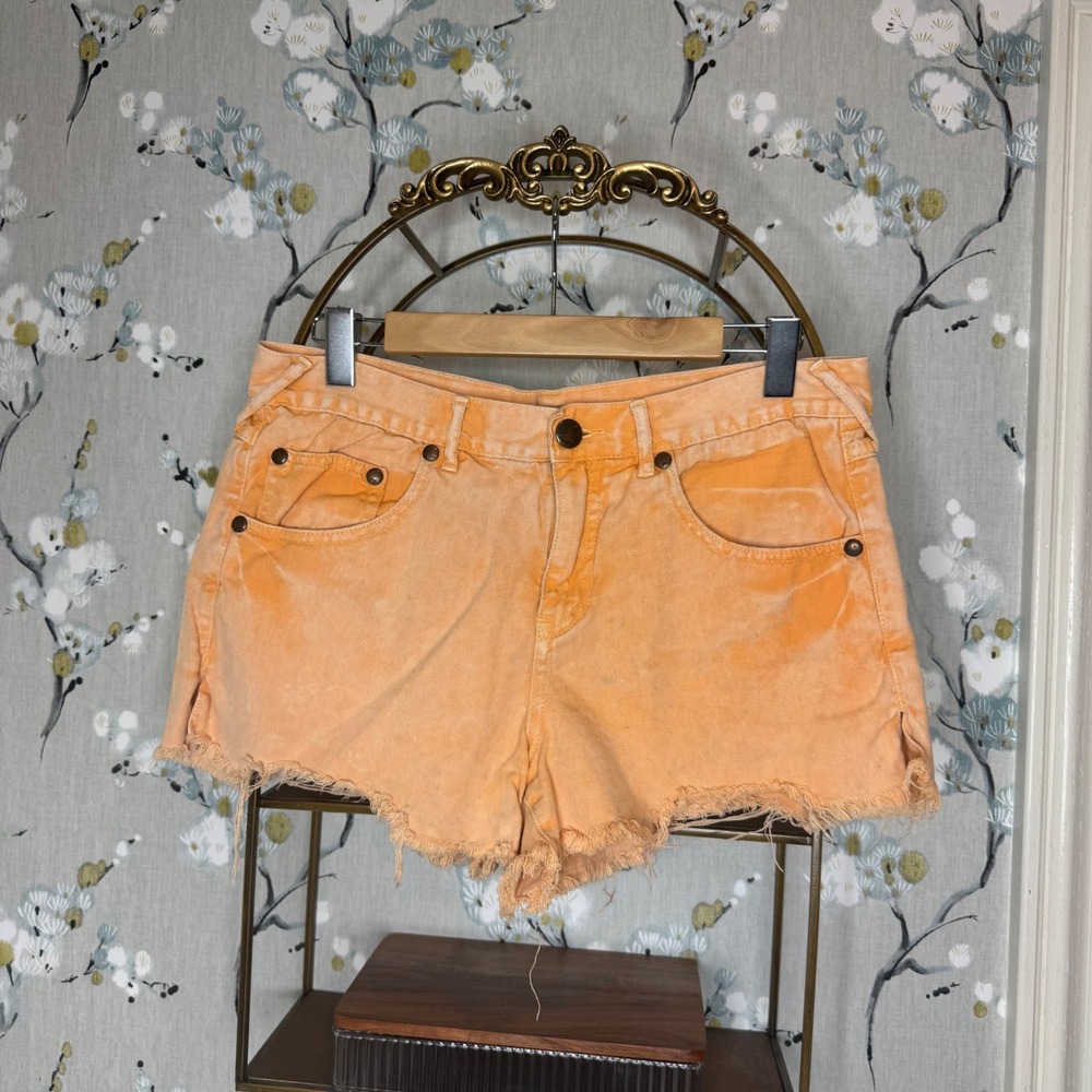 Free People Orange Acid Wash Denim Cutoff Shorts W30 Frayed Hem Boho OB515125